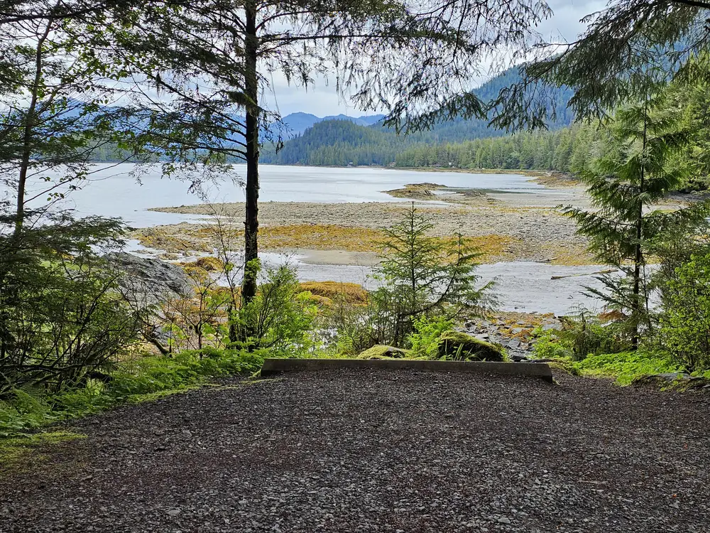 Gravel pull-off overlooking a tidal shoreline and forested mountains