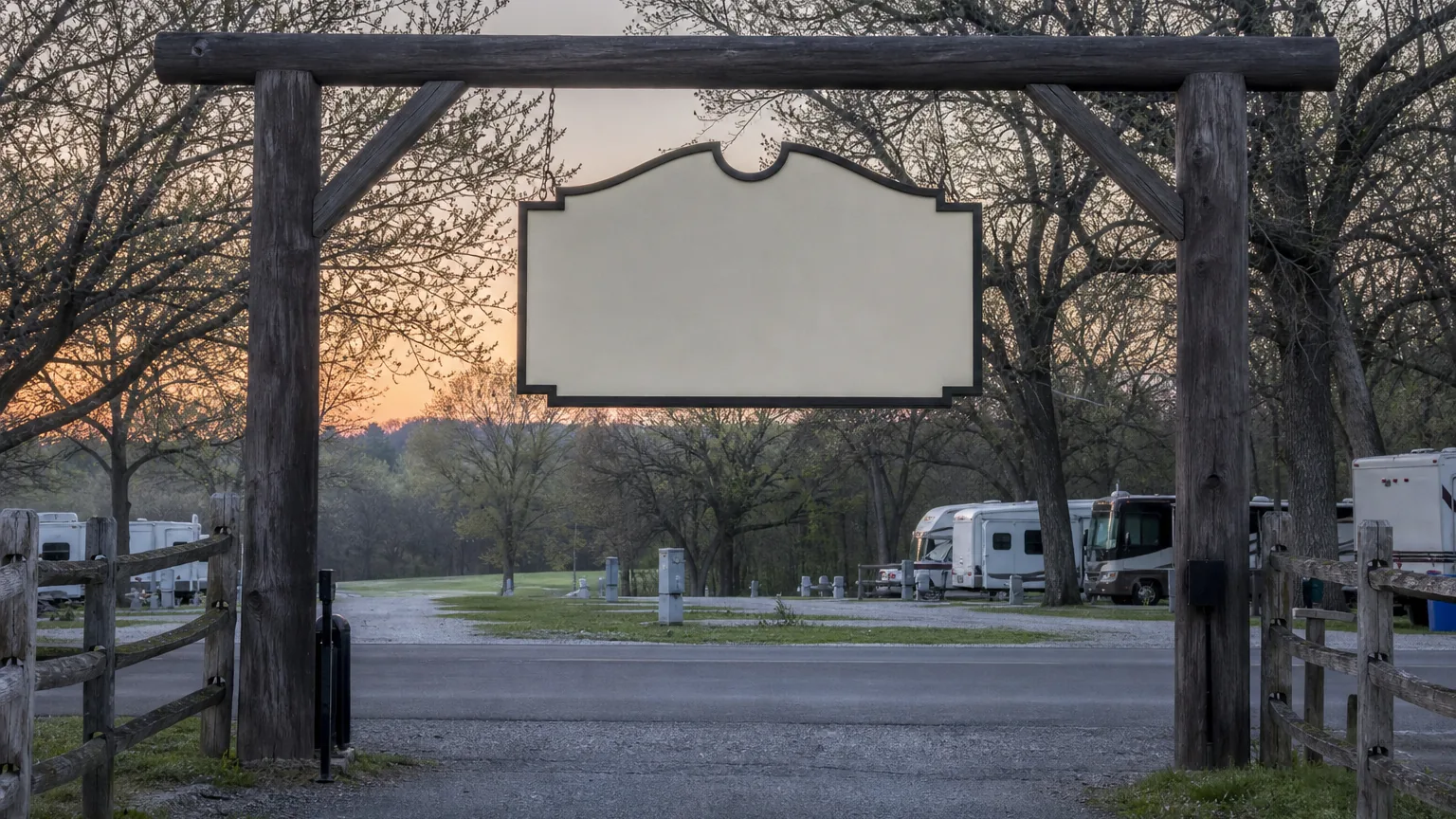 Entry gate and welcome sign at an RV park in dawn cool light