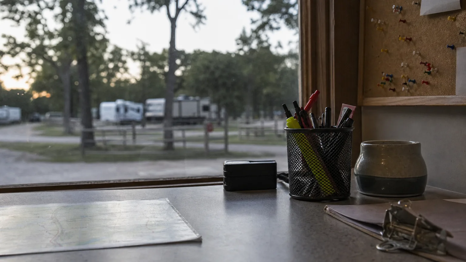 Objects on a check-in desk at an RV park in window daylight