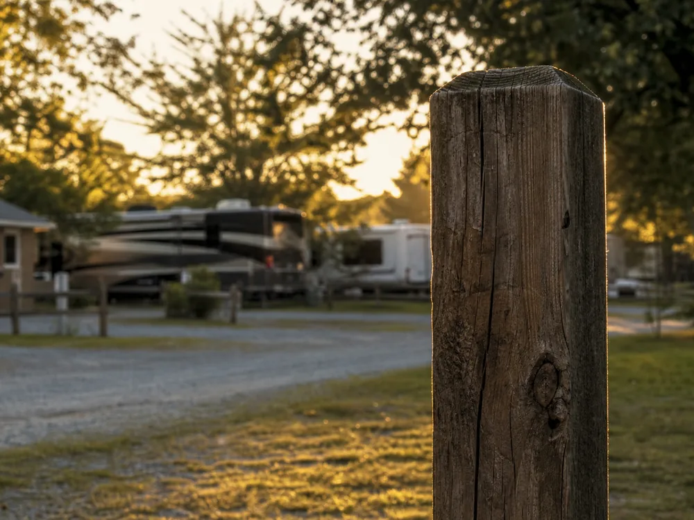 Site marker post backlit at golden hour