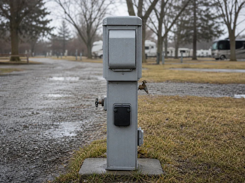 Hookup pedestal and utility post under overcast light
