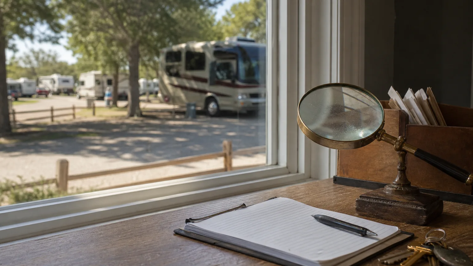 Objects on a check-in desk at an RV park in window daylight