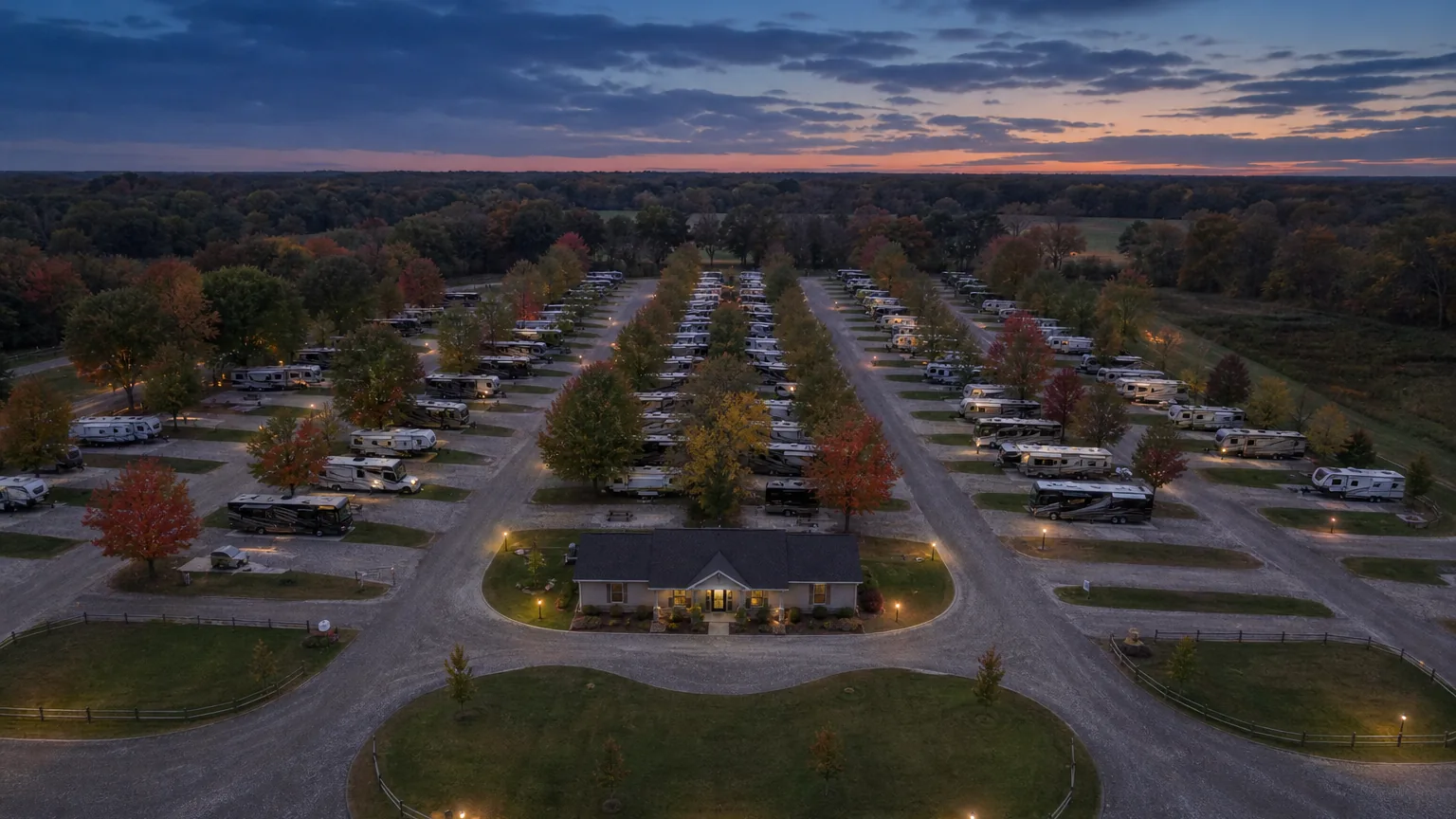 Full park layout seen from above at an RV park in blue hour dusk