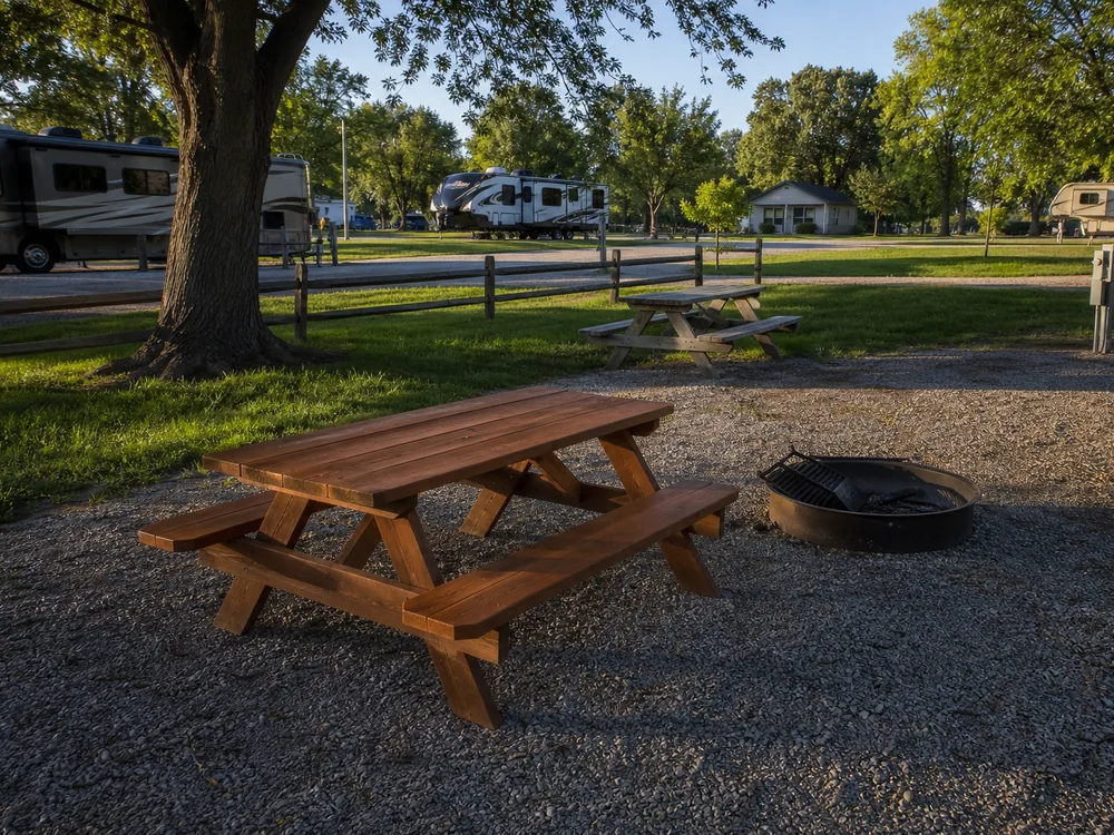 Fire ring at an RV site in late afternoon side light