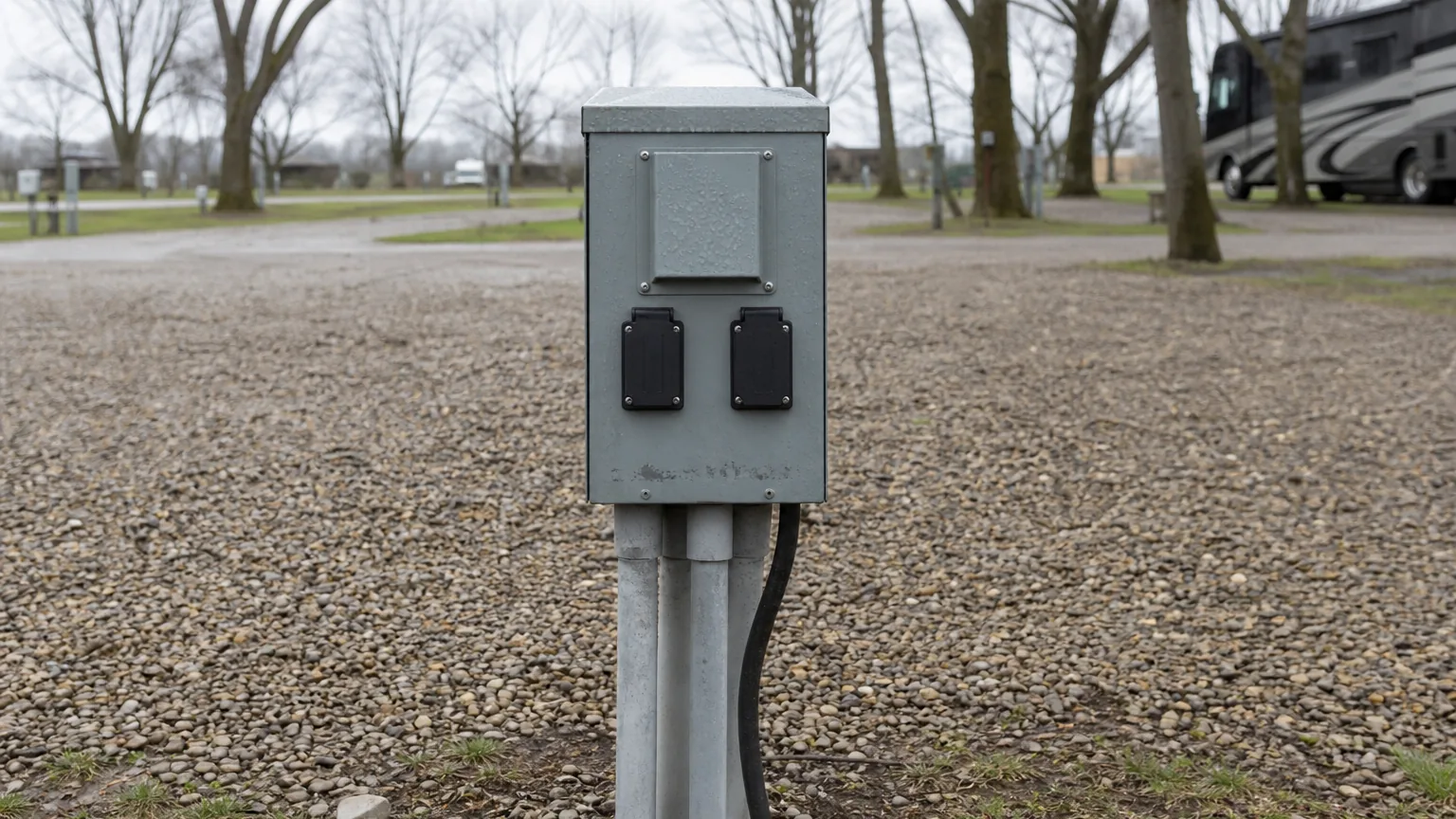 Hookup pedestal and utility post under diffuse overcast light