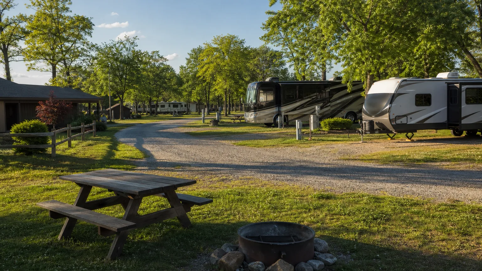 Fire ring and picnic table at an RV park in late afternoon side light