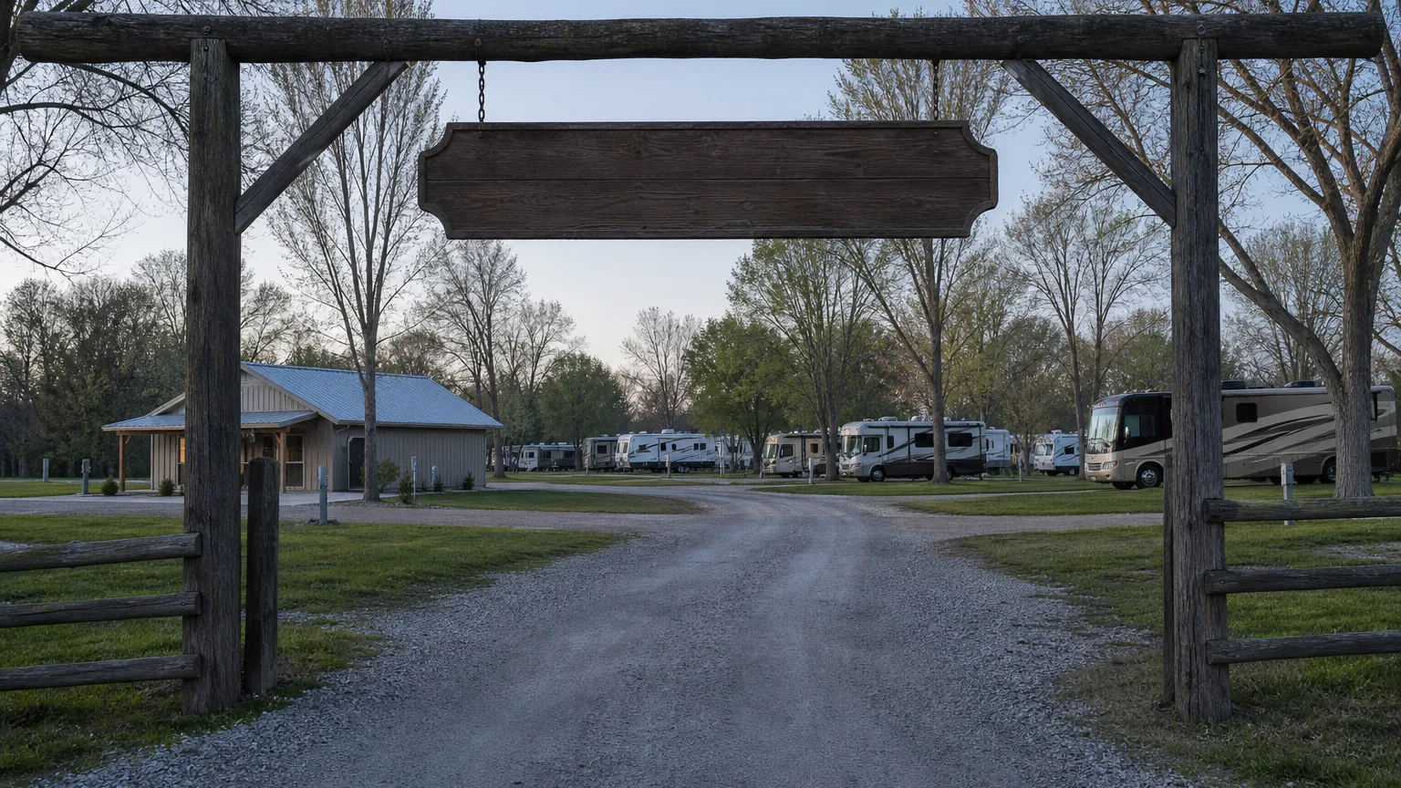 Entry gate and welcome sign at an RV park in dawn cool light