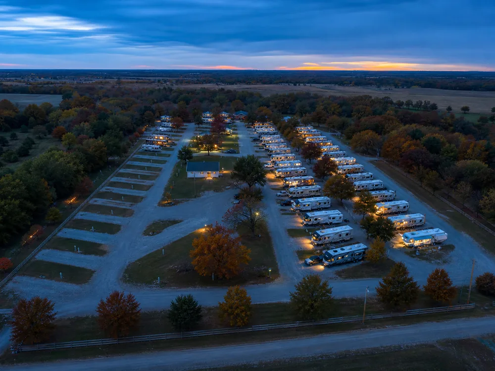RV park layout seen from above at blue hour