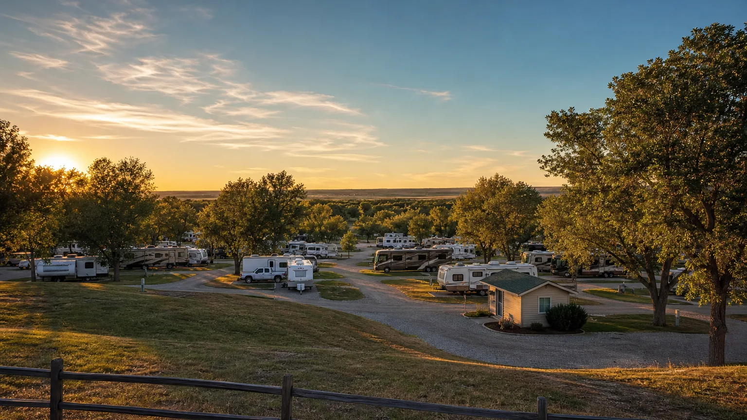 Full RV park sites in golden hour light