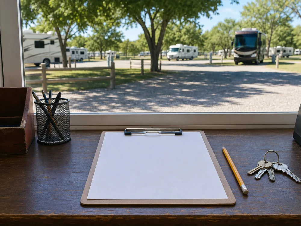 Blank clipboard and keys on an office counter, the campground website maintenance checklist in paper form