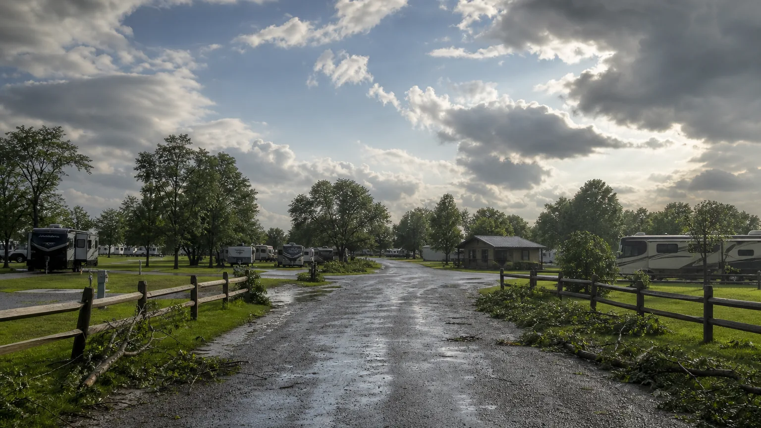 Access road toward a park entrance under clearing storm light