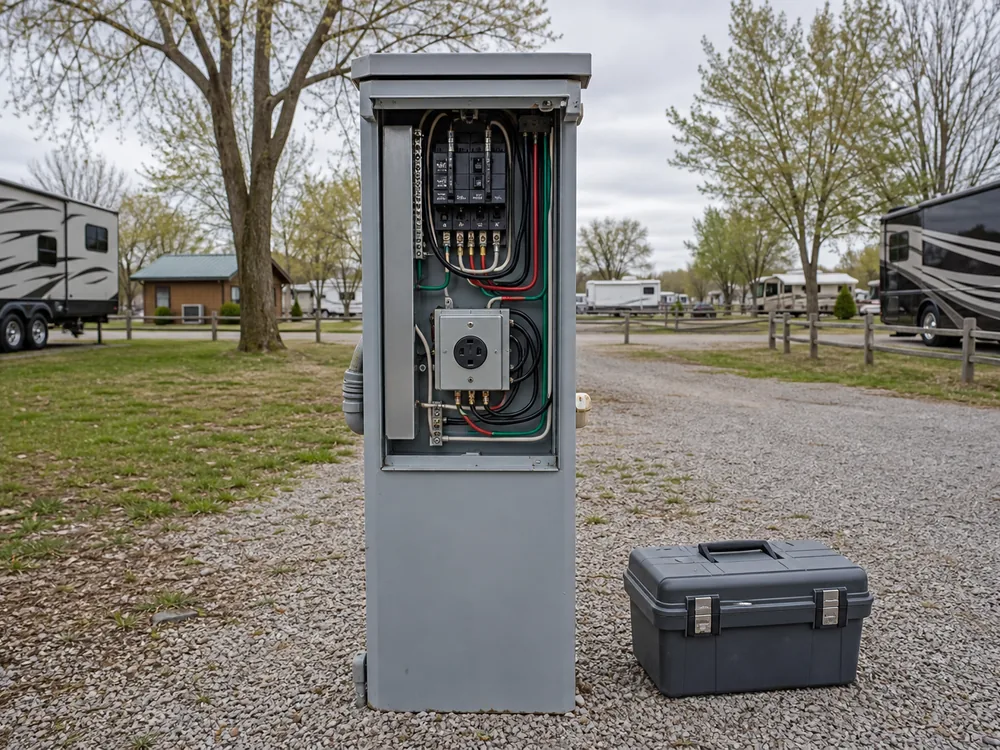 Open hookup pedestal panel mid-service, the infrastructure care a campground website also needs