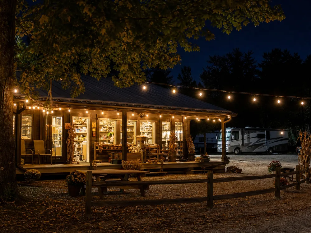 Camp store exterior lit after dark in early autumn