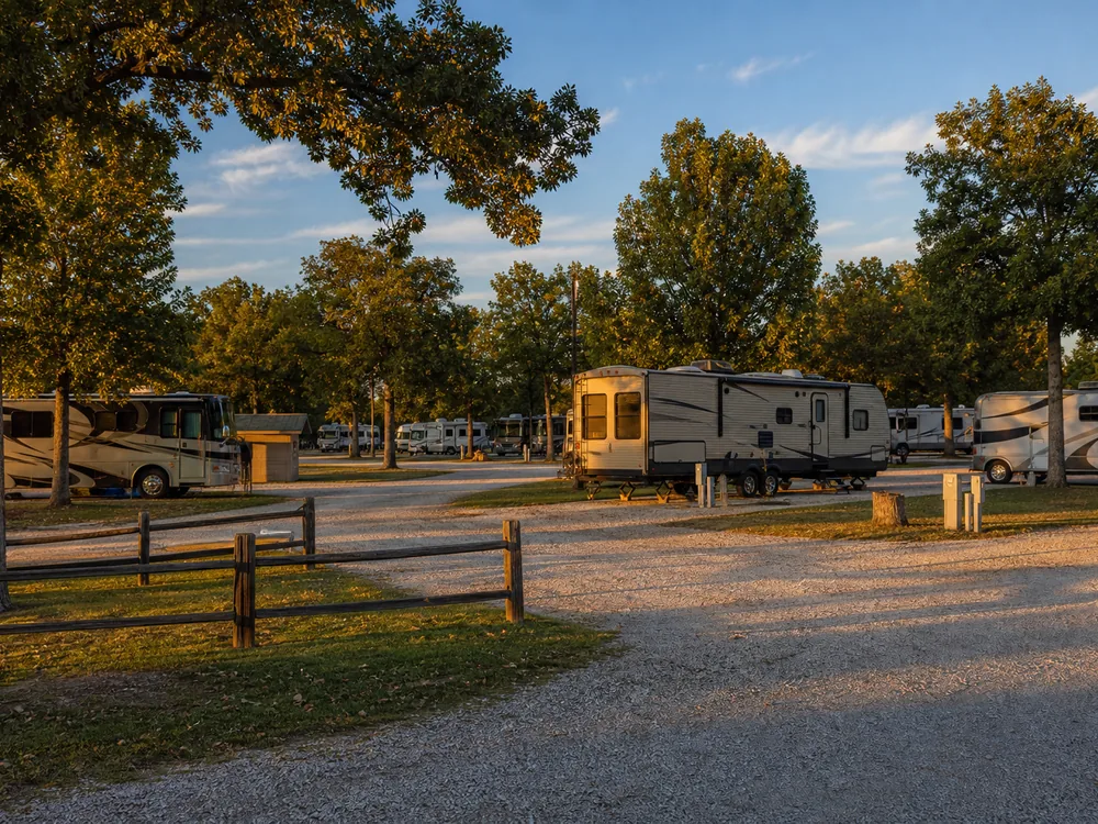 RV sites in low golden-hour sun