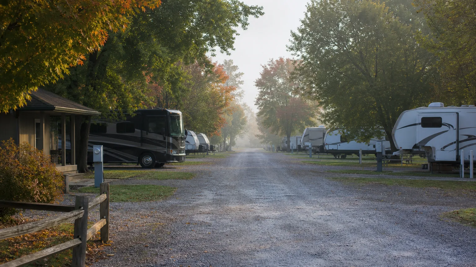 Access road toward an RV park entrance in storm-clearing light