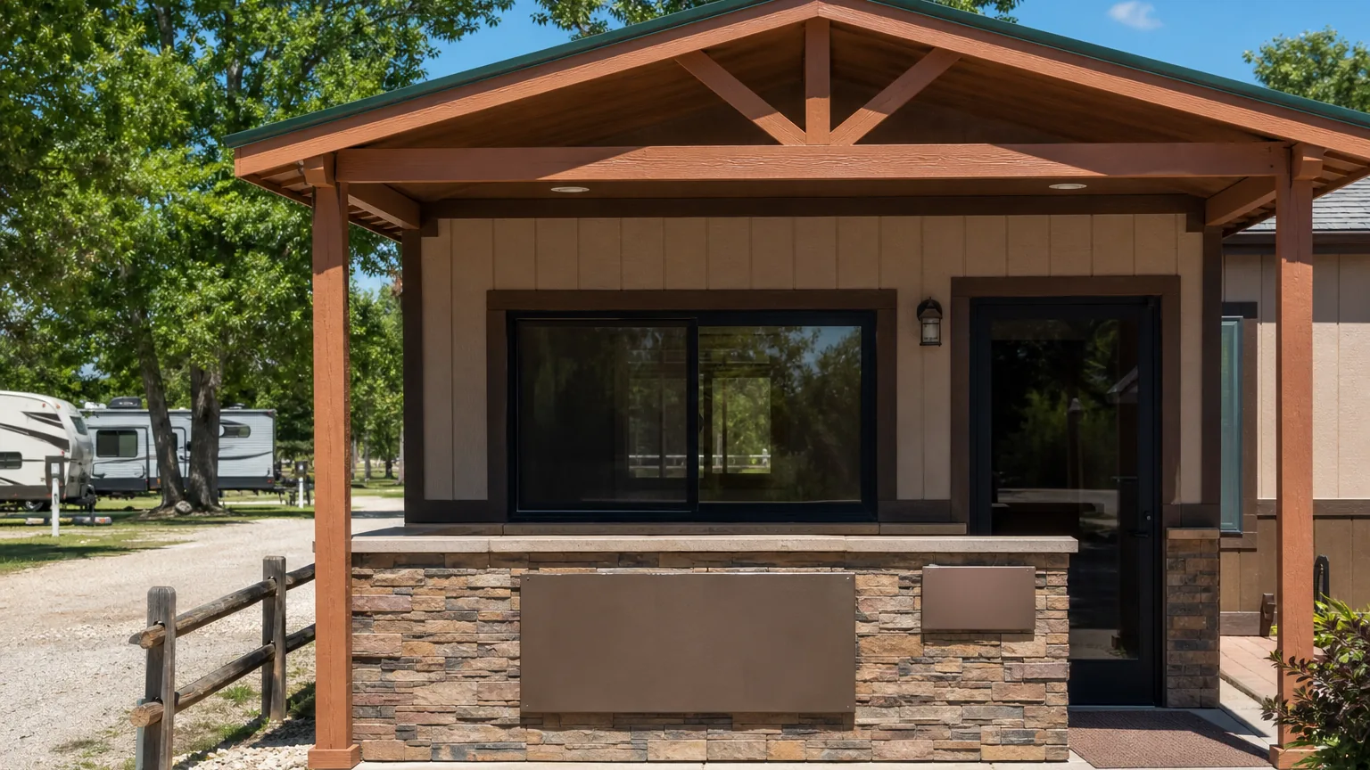 Check-in office counter at an RV park in bright midday light