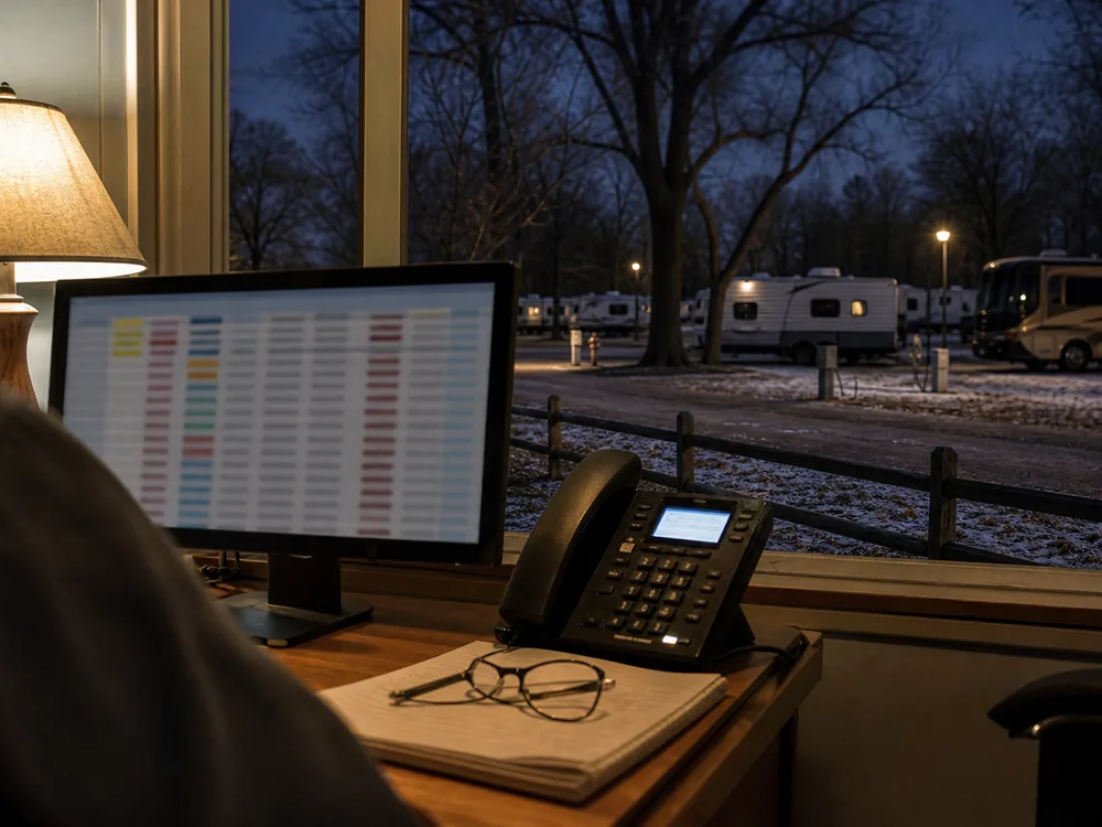 Park office desk at dusk with a monitor of coloured rows, a desk phone and an open notebook