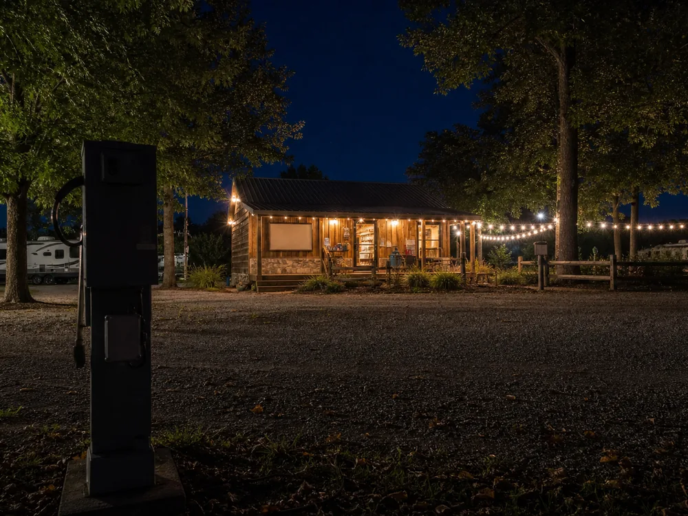 Camp store at night behind a hookup pedestal, the hours where missed booking calls cluster