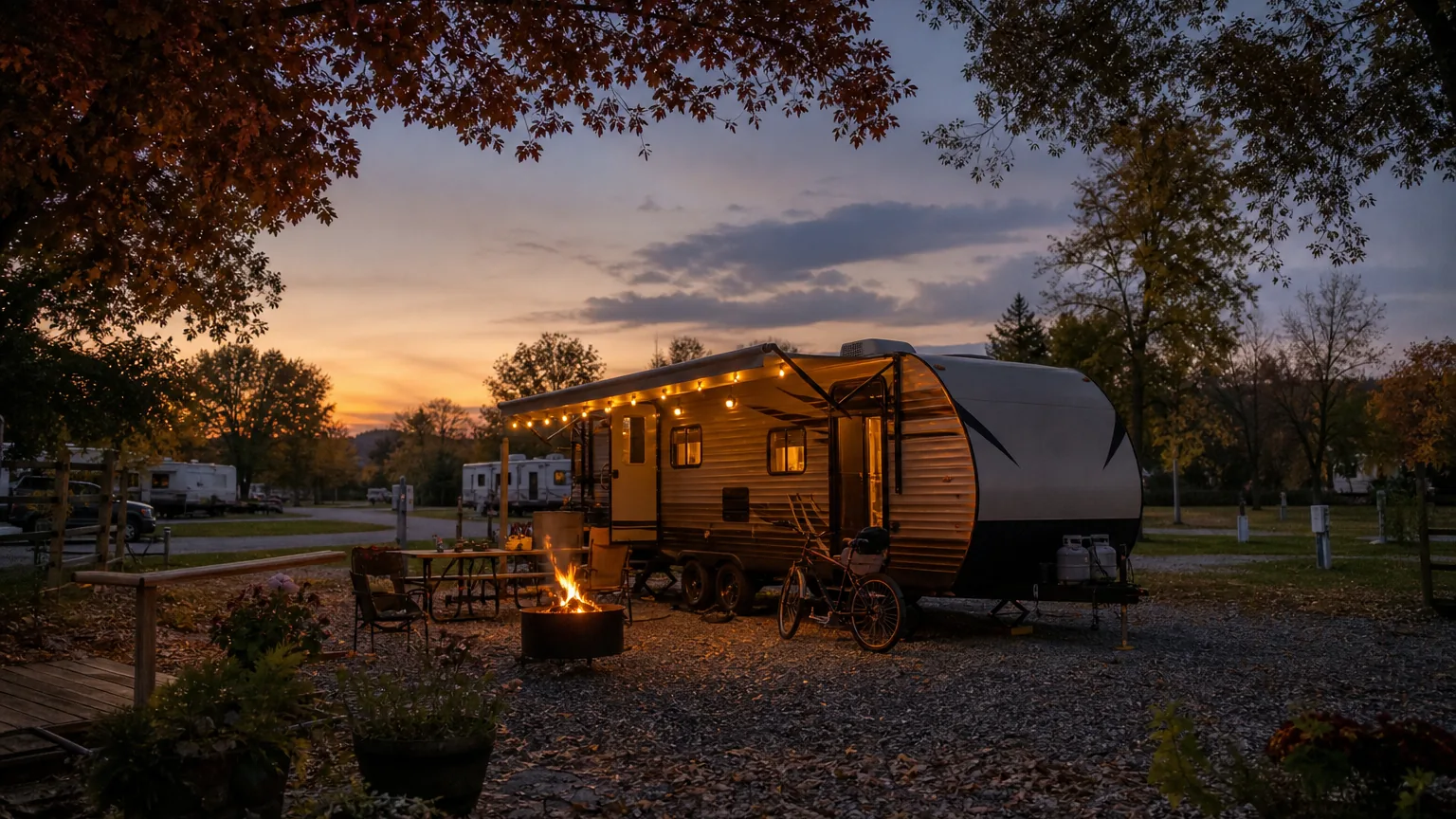 Occupied RV site with a fire ring at dusk in mid autumn