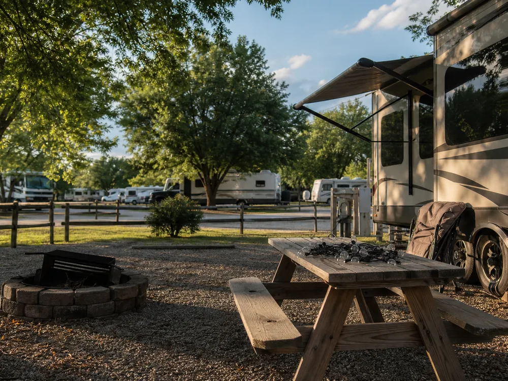 Picnic table at an RV site in late afternoon side light