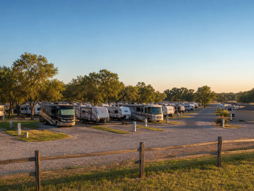Long-stay RV sites at golden hour