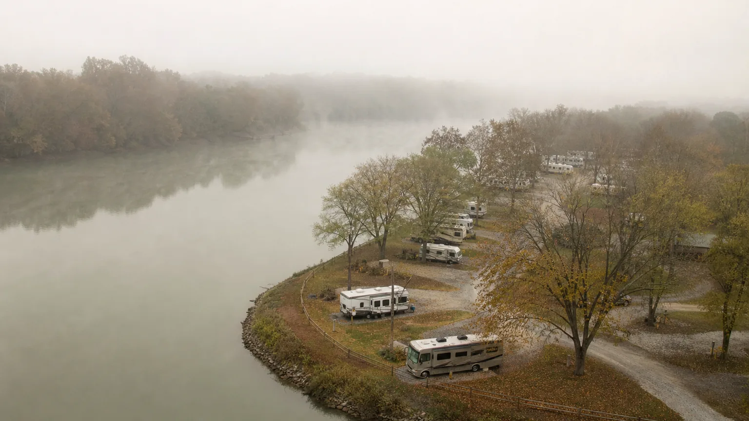 River bend with sites along it at an RV park in morning fog