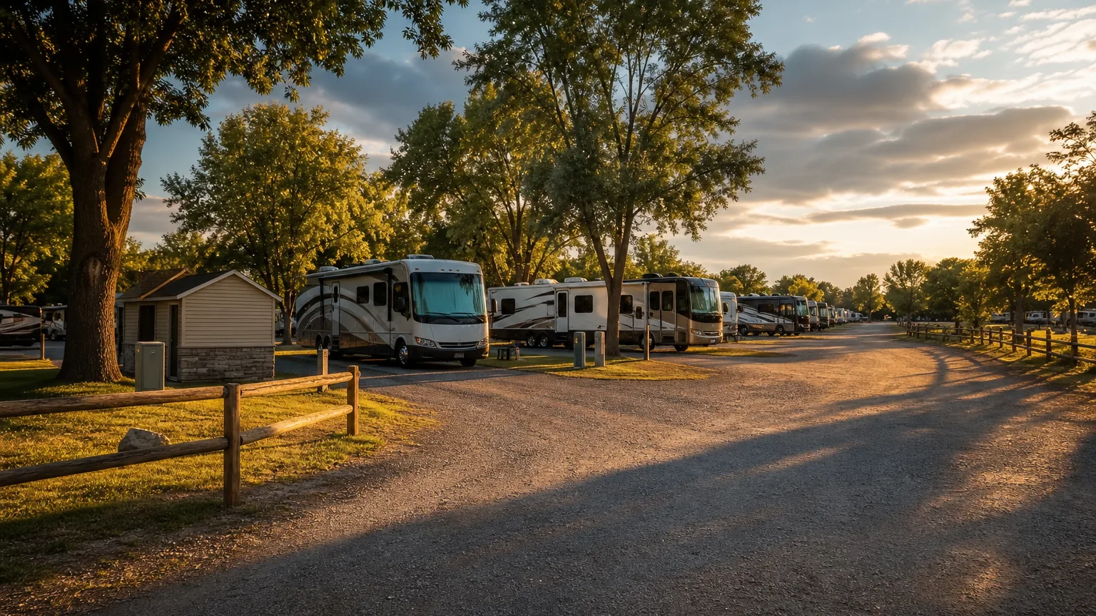Pull-through sites at full occupancy at an RV park in golden hour low sun