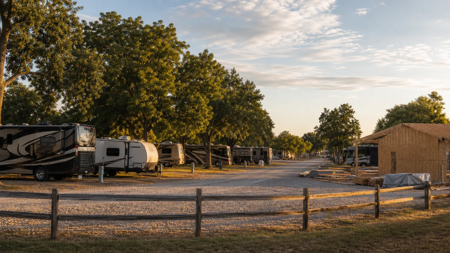 Pull-through sites at full occupancy at an RV park in golden hour low sun