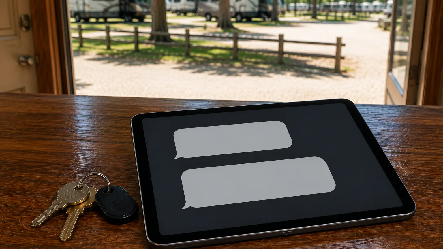 Tablet lying on a check-in counter showing two plain message bubbles, with RV sites visible through the open door