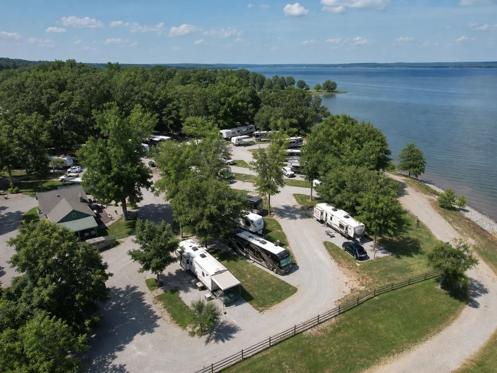 Lakeside RV sites seen from above at midday