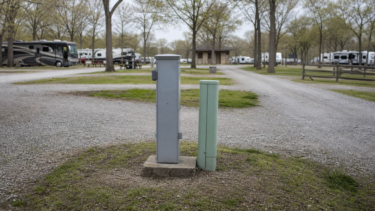 Hookup pedestal and utility post at an RV park in diffuse overcast light
