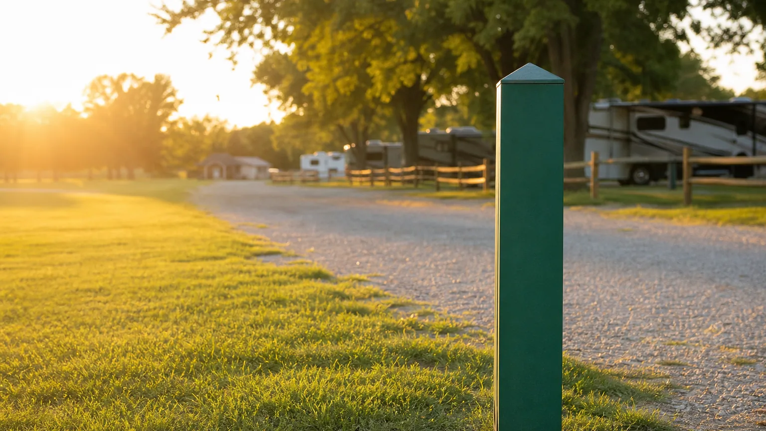Site number marker post at an RV park in golden hour backlight