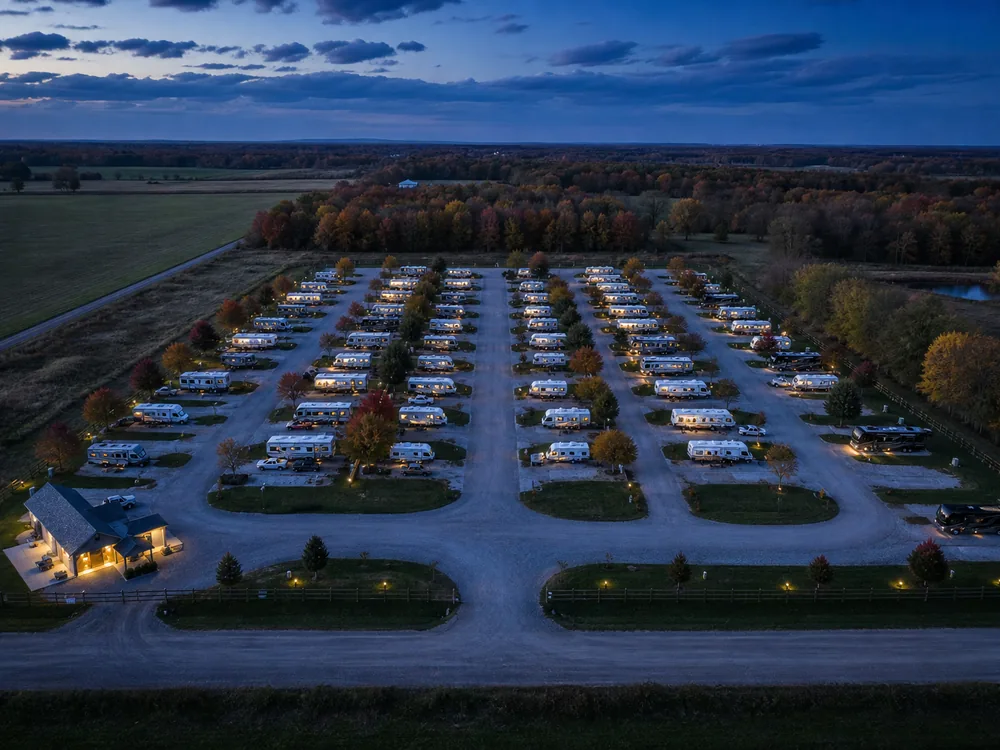 RV park layout from above at blue hour