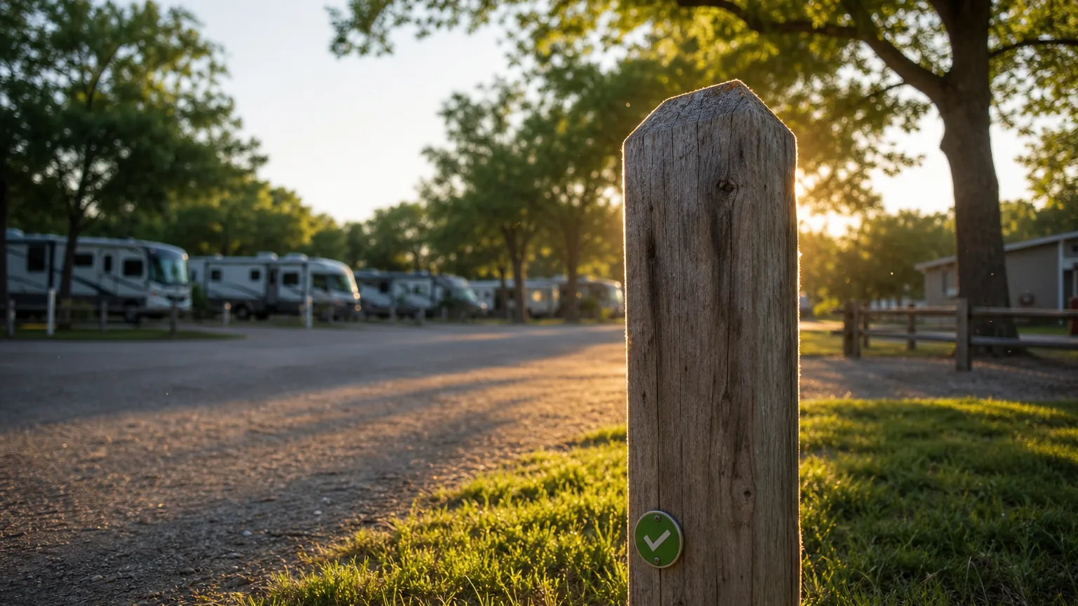 RV site number marker post backlit at golden hour
