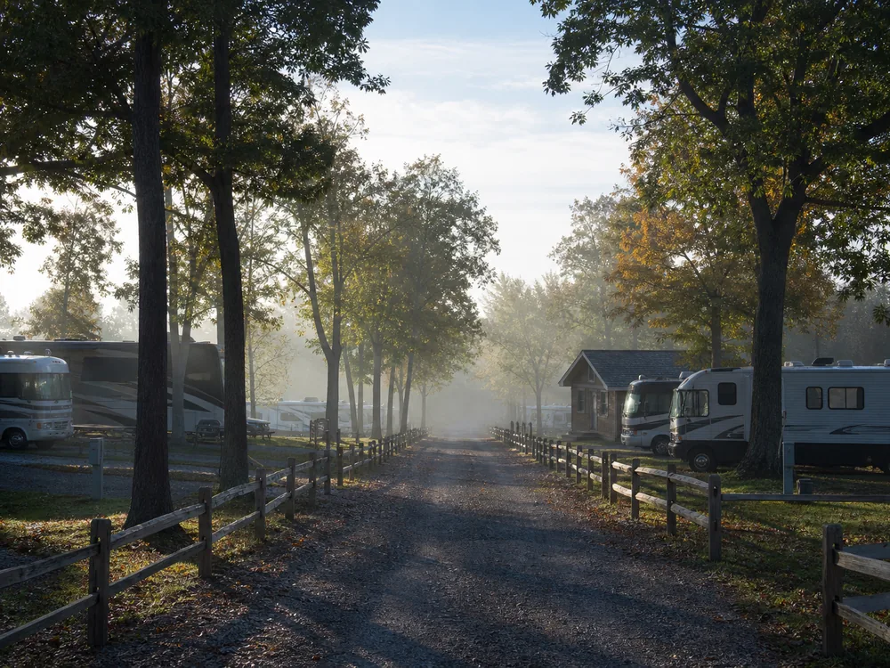 Gravel road between RV site rows in haze