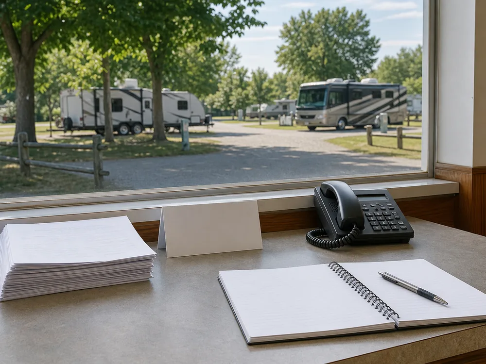Park documents and notebook by the office window, the raw knowledge base for an AI receptionist setup