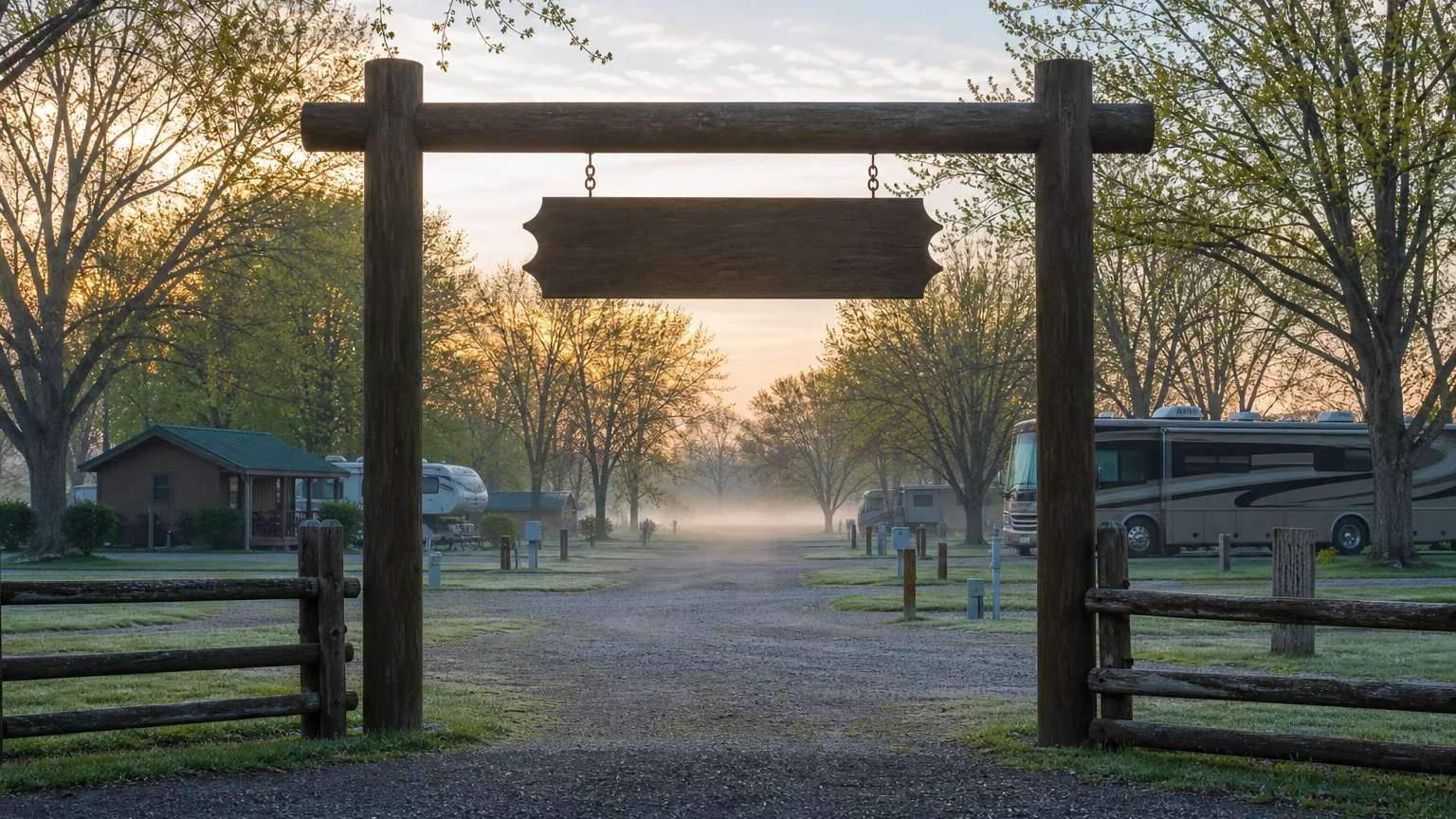Park entry gate and welcome sign at dawn
