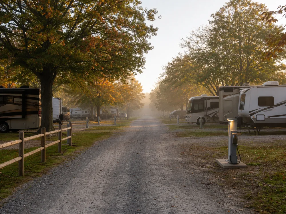 Quiet campground road at first light, the hour an AI phone setup starts its shift