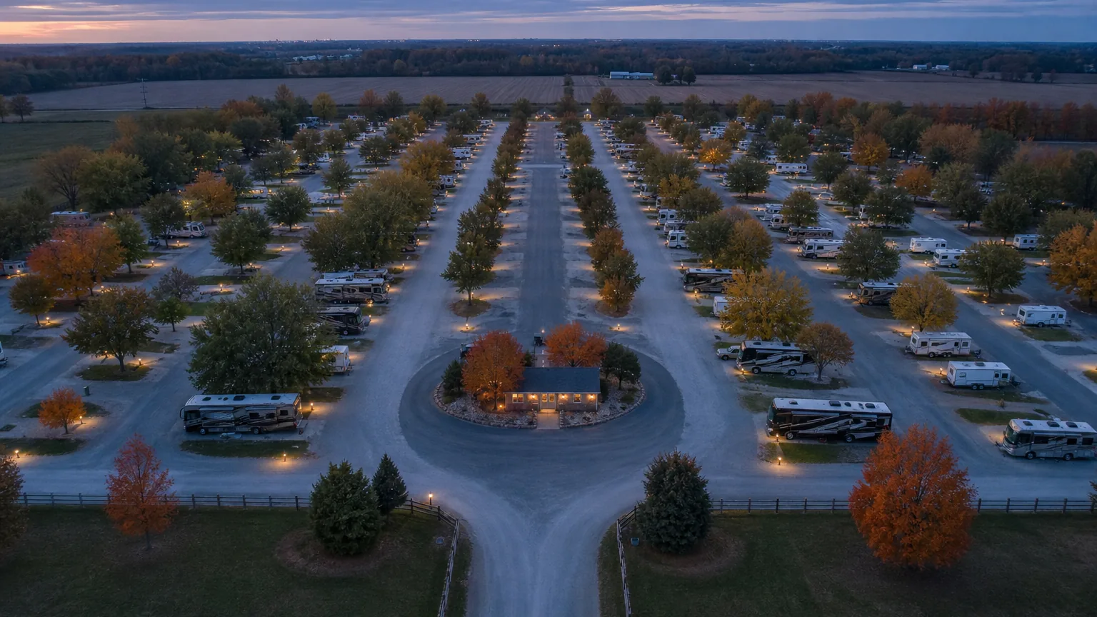 Full park layout seen from above at an RV park in blue hour dusk
