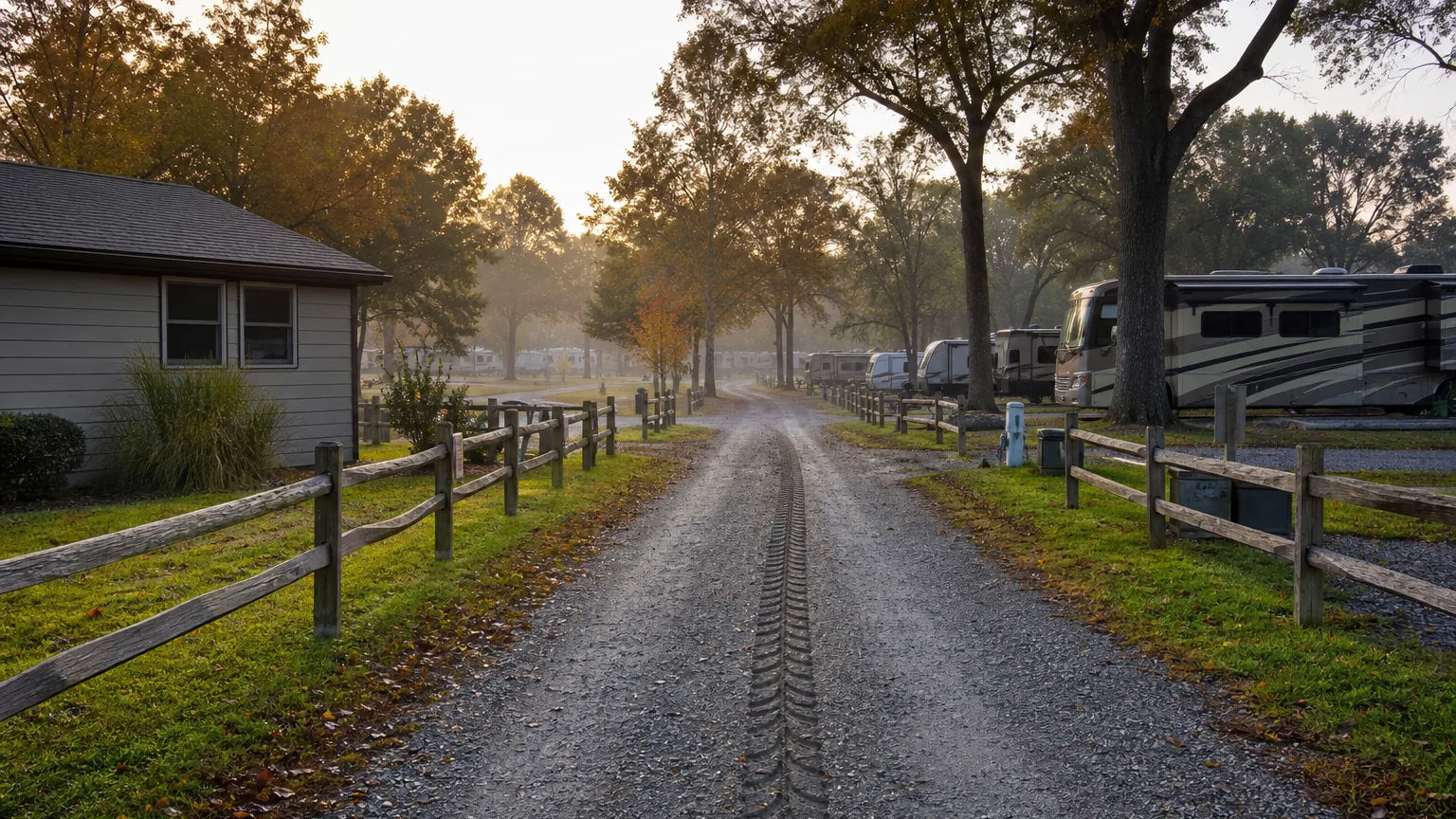 Gravel access road between RV site rows in morning haze