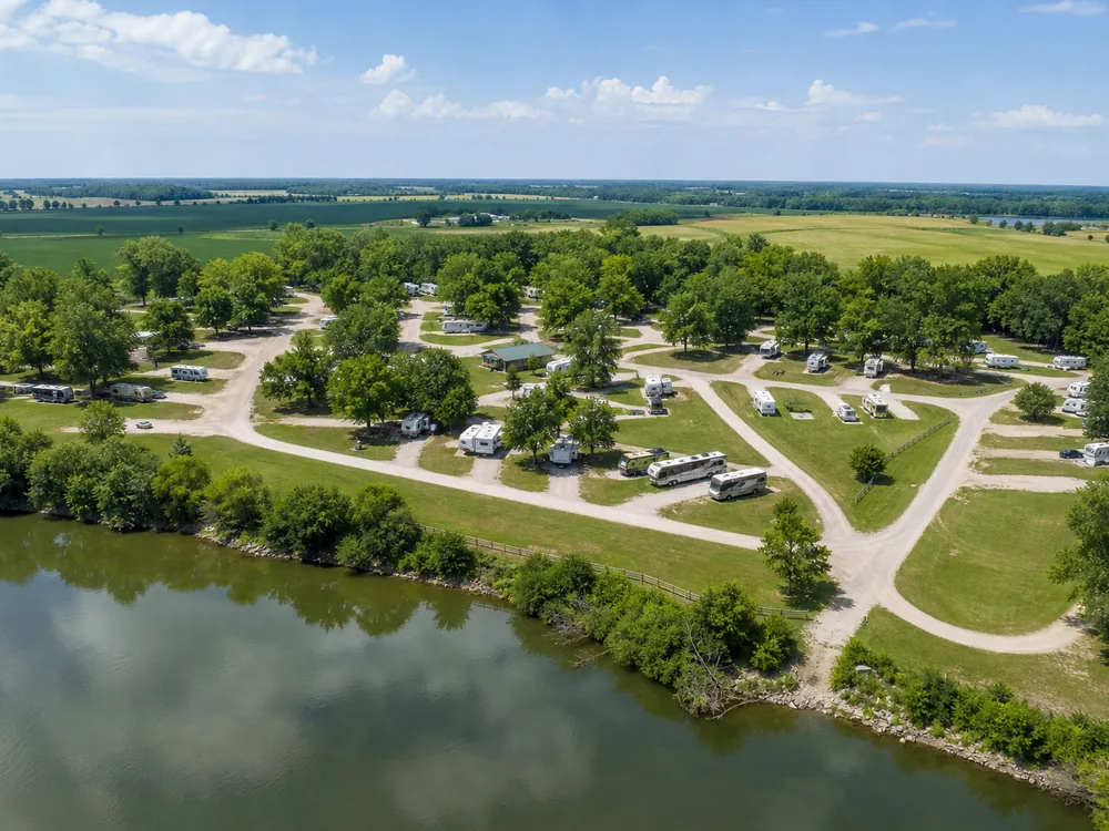 Lakeside RV sites seen from above at midday