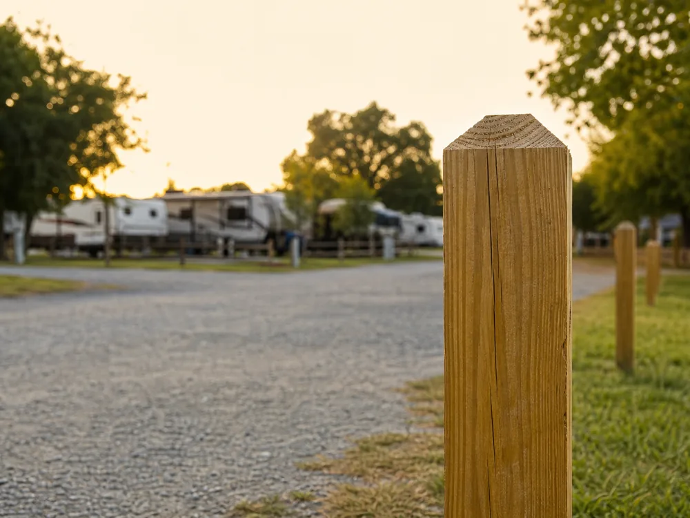 RV site marker post backlit at golden hour