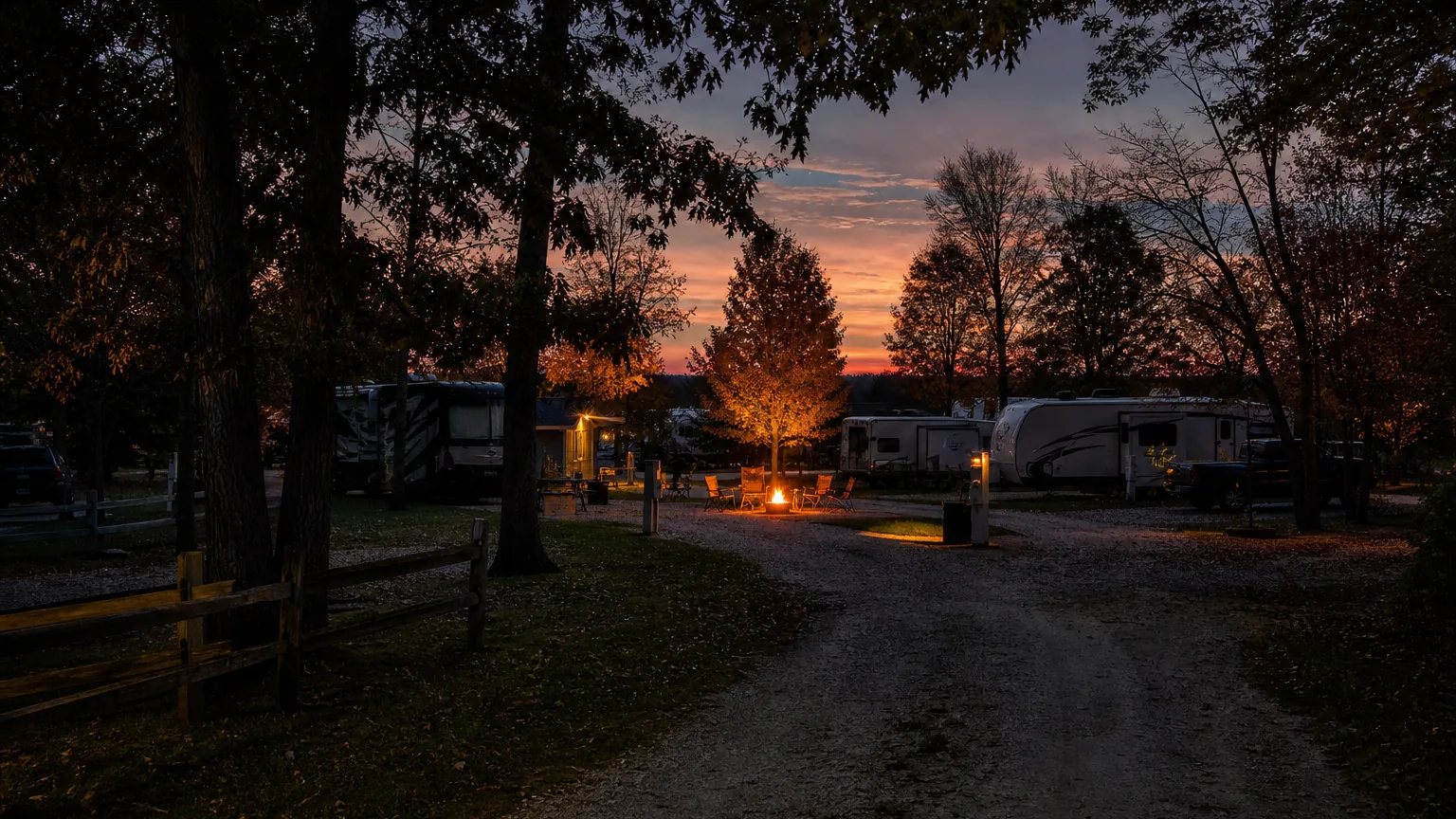 Occupied site with a fire ring at an RV park in dusk with campfire glow