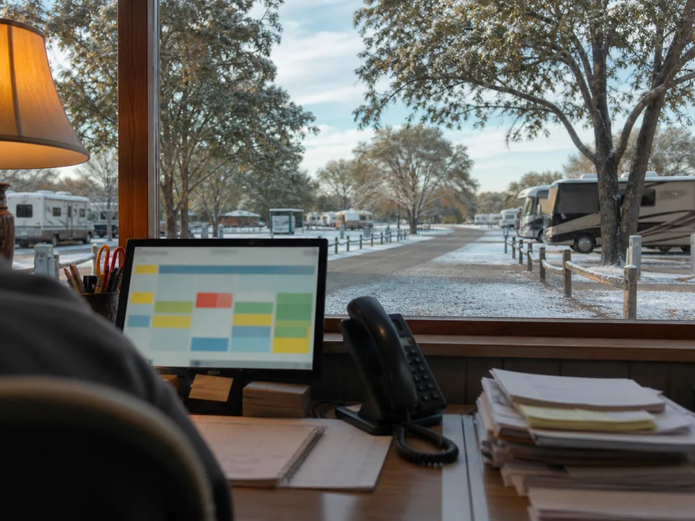 Park office desk under a warm interior lamp