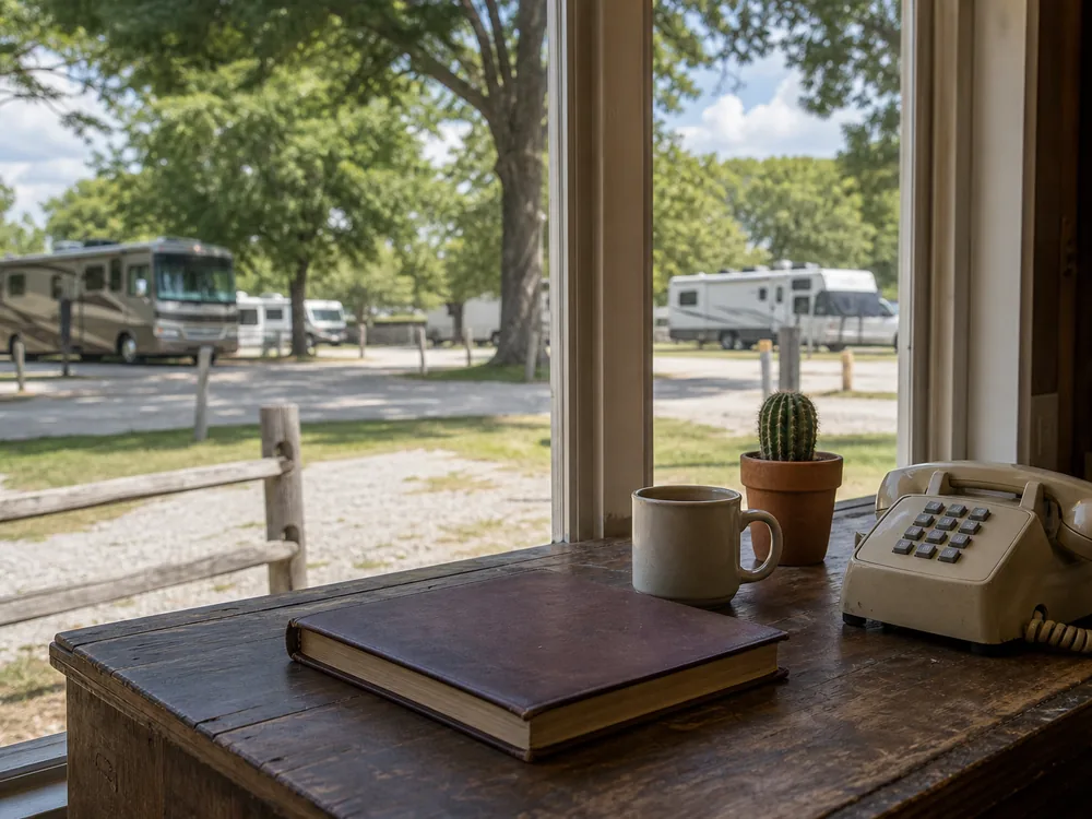 Campground front desk phone beside a closed ledger, the office answering service question at rest