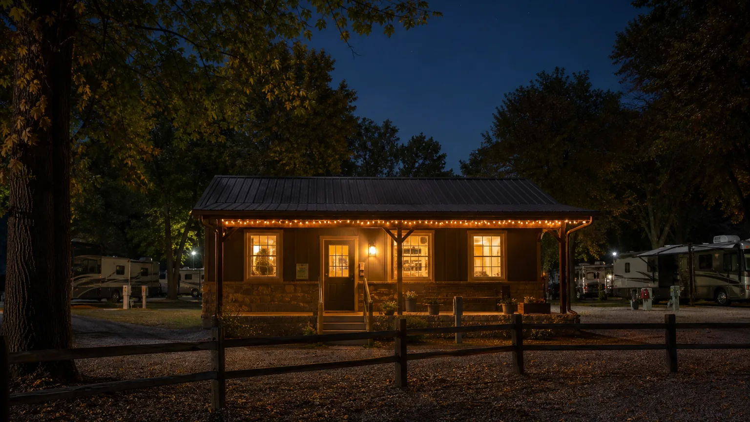 Camp store exterior lit at night