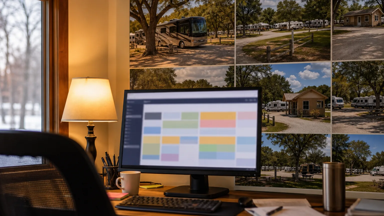 Office desk with a booking screen at an RV park in warm interior lamp light