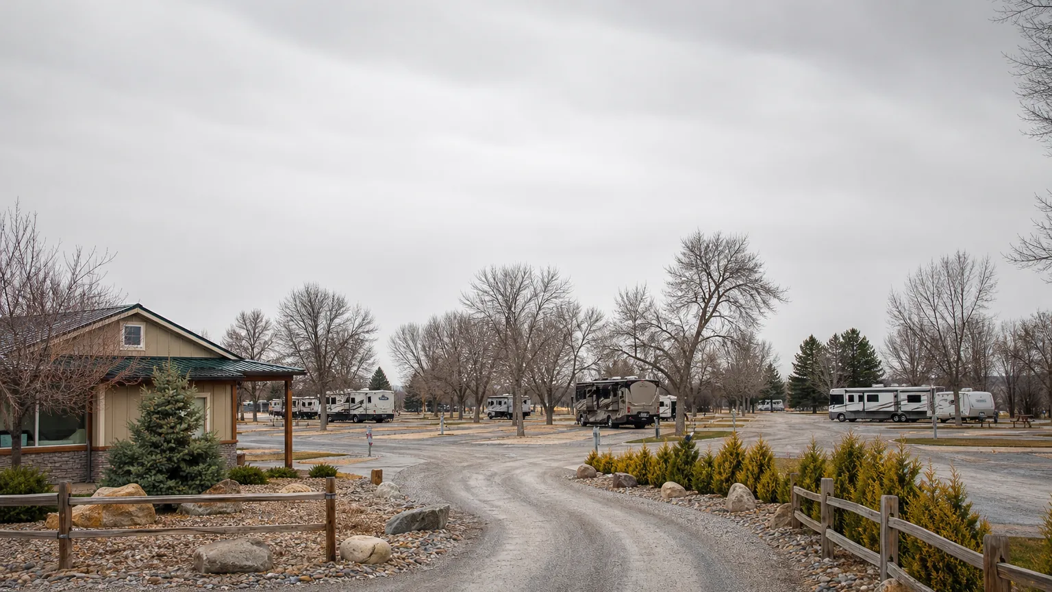 Empty off-season sites at an RV park in flat overcast light