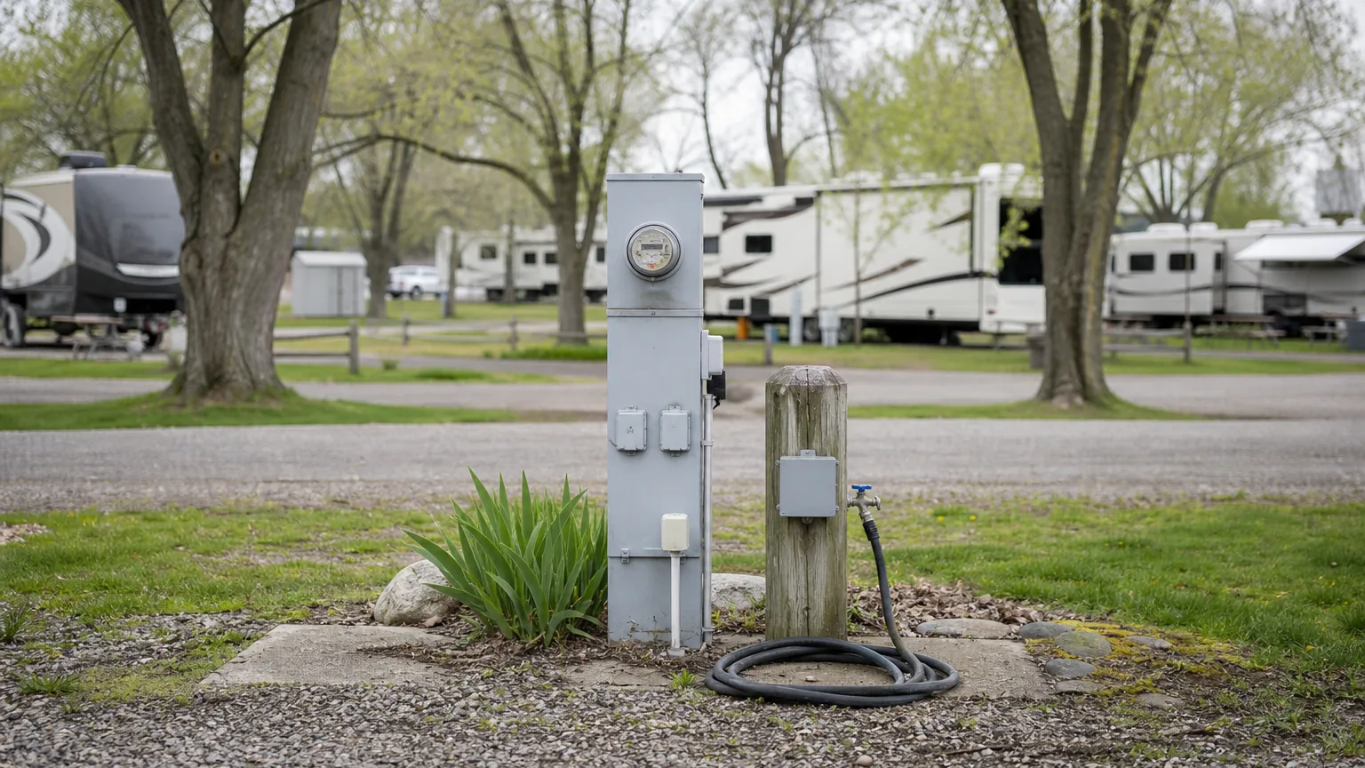 Hookup pedestal and utility post at an RV park in diffuse overcast light