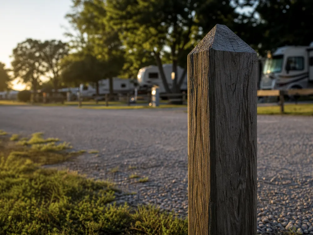 RV site number marker post backlit at golden hour
